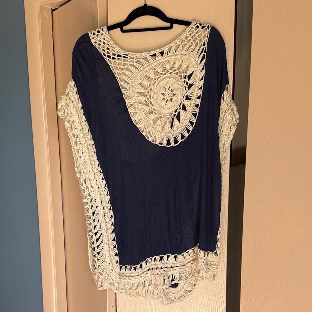 Navy and Cream Crochet Swim Cover Up